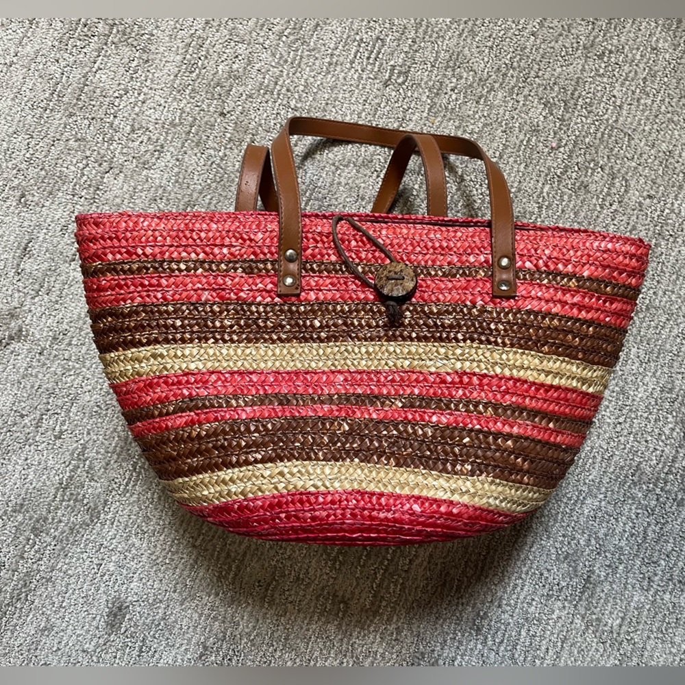 Sun and Sand striped Straw Beach Tote 16w X  9h - Picture 2 of 4